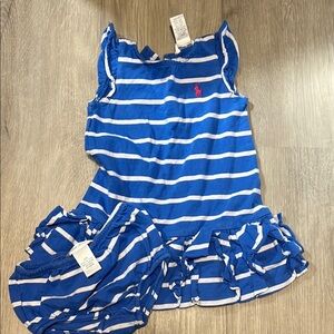 Ralph Lauren Blue and White Striped Dress with Pink Logo 12M